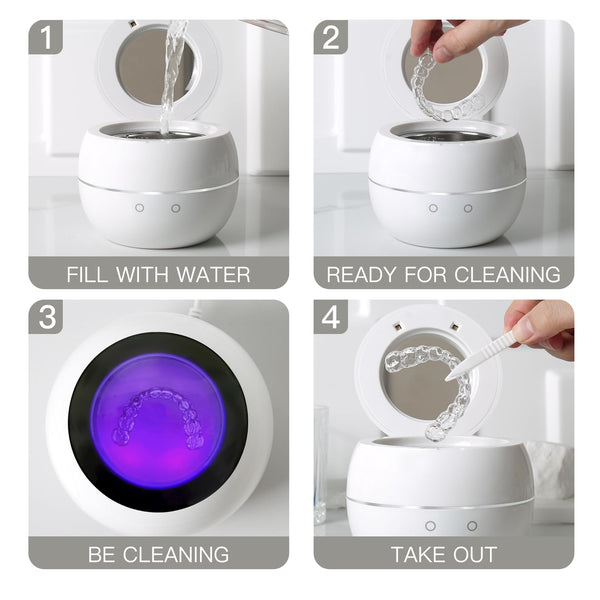 Ultrasonic Retainer Cleaner Cleaning Machine, 44kHz Jewelry Clean Pod 250ML Portable Ultra Sonic Retainer Cleaner for Mouth Guard Denture, Aligner - Professional Dental Cleaning Braces Night Guard