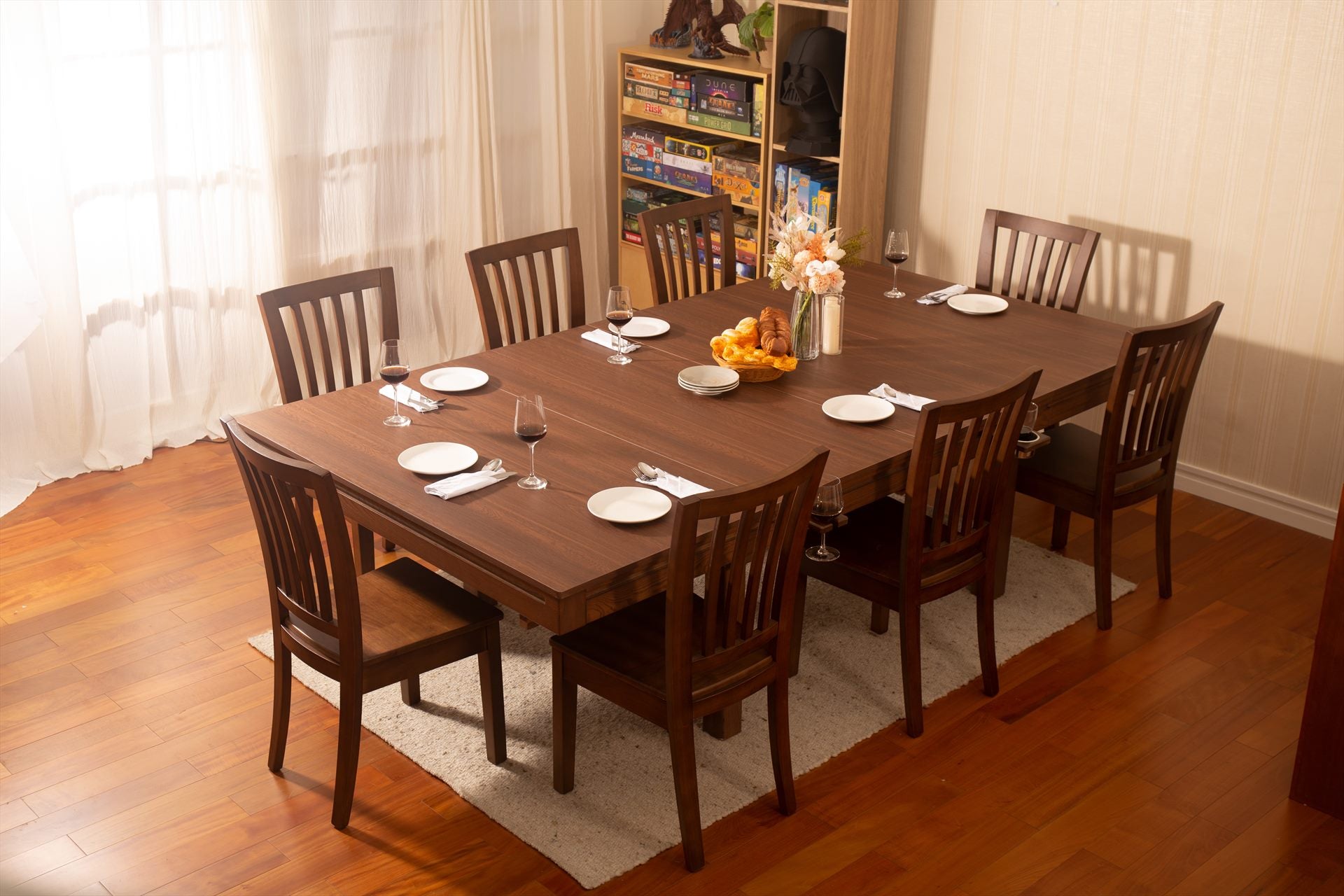 Walnut extension table set for dinner