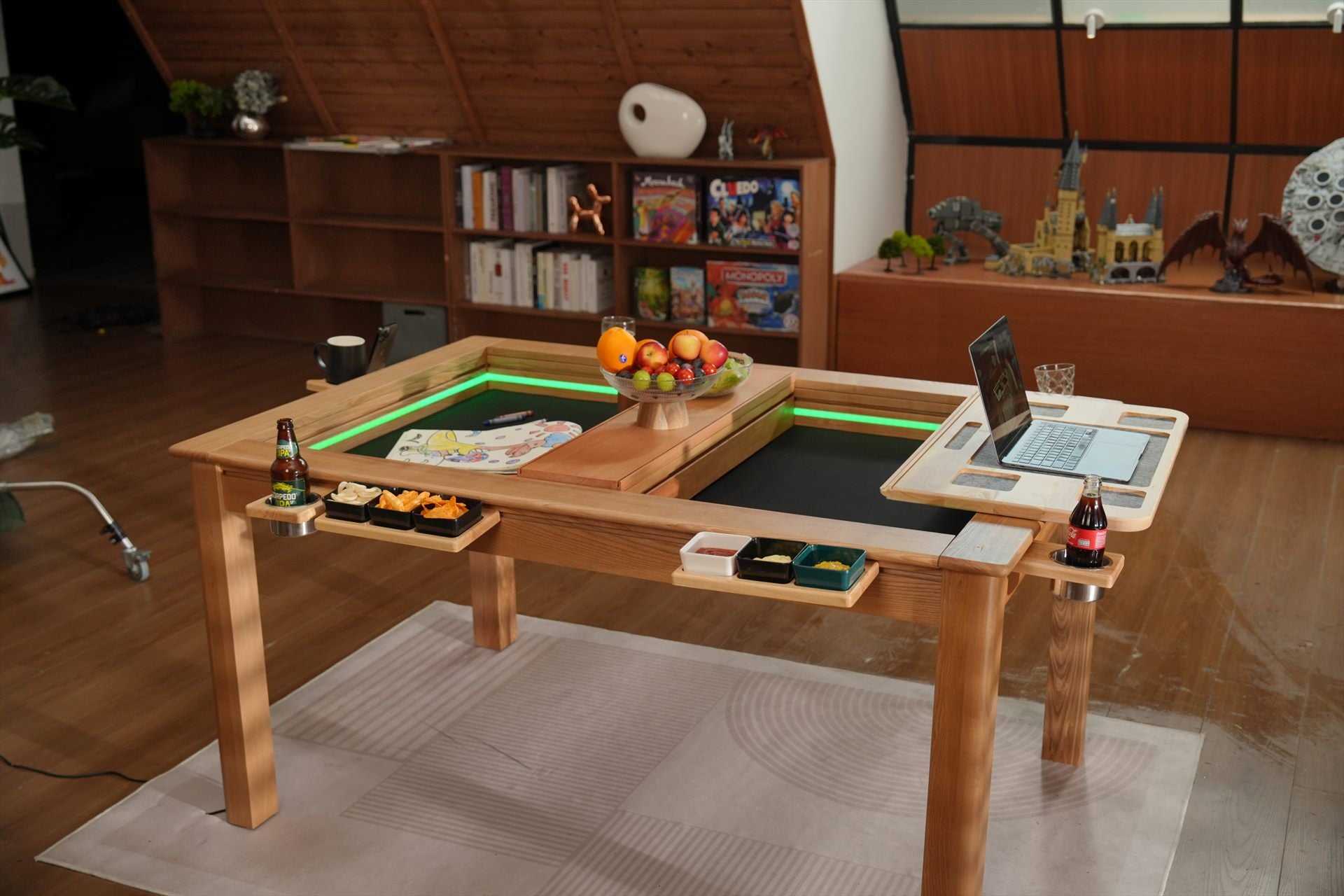 Oak table split between play and work