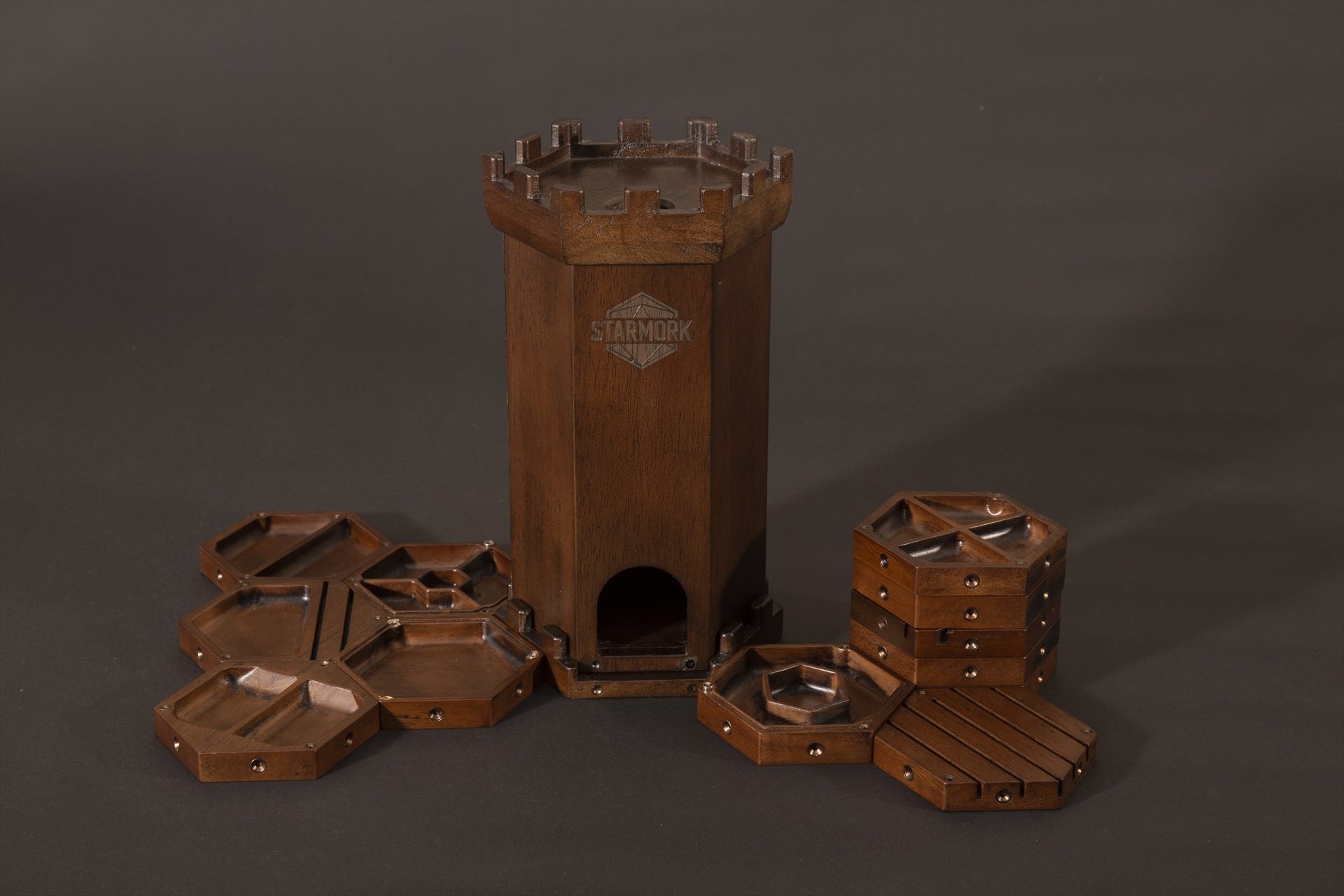 Dice Tower with hex trays arranged around the base